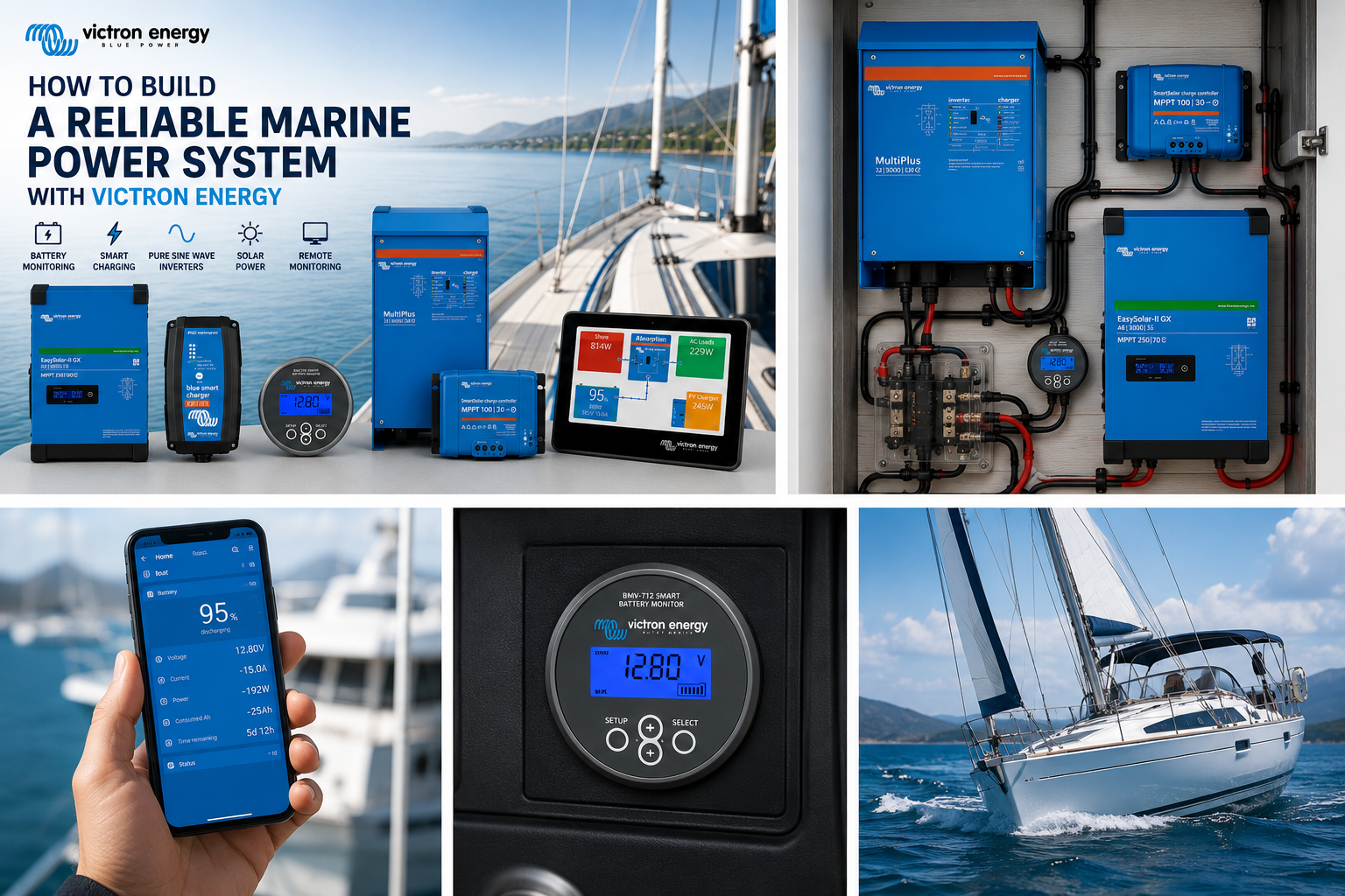 Victron Energy marine power system overview with EasySolar-II GX, MultiPlus, SmartSolar MPPT, Blue Smart Charger and battery monitoring
